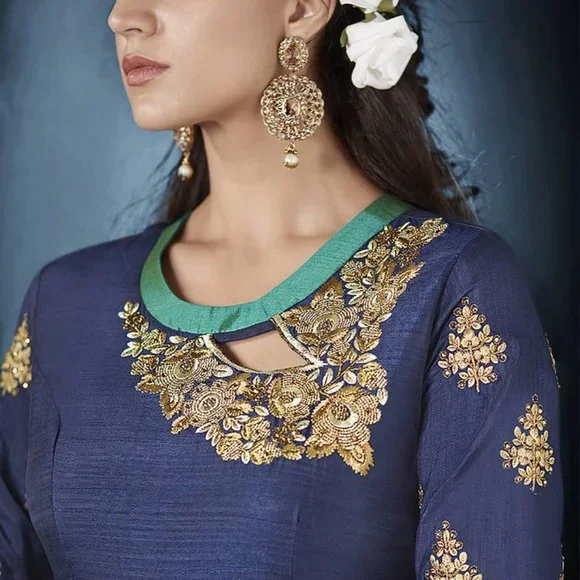 NAVY-BLUE EMBROIDERED TAFFETA SALWAR - Picture 2 of 3